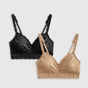 NWOT Quince Stretch Lace Sweetheart Bralette (2-pack) in Black and Clay Sz M